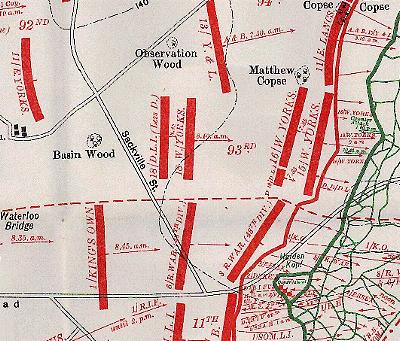Map outlining the positions of the Bradford Pals at the start of the Somme Offensive