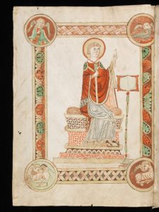 Venerable Bede in an illustrated manuscript, writing his Ecclesiastical History of the English People