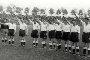 Derby County players were asked to perform the Nazi Salute on a tour of Germany in 1934. As you can see in the photograph, the goalkeeper, Jack Kirby, refused.