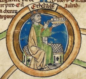 English: Miniature of King Æthelwulf of Wessex in the Genealogical roll of the kings of England