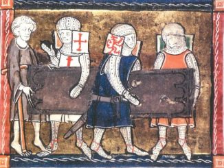 A lame man helping knights carrying the Holy Grail to Jerusalem