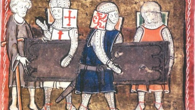 A lame man helping knights carrying the Holy Grail to Jerusalem