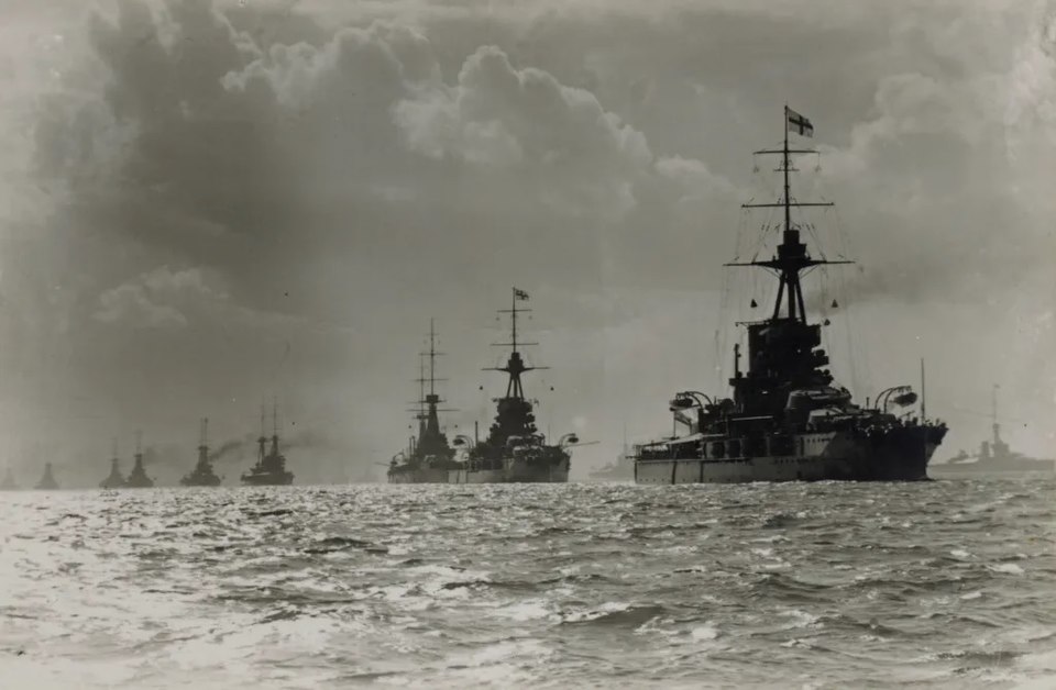 British Grand Fleet. Battleship HMS Iron Duke leads HMS Marlborough and other dreadnoughts of the Grand Fleet during World War One.